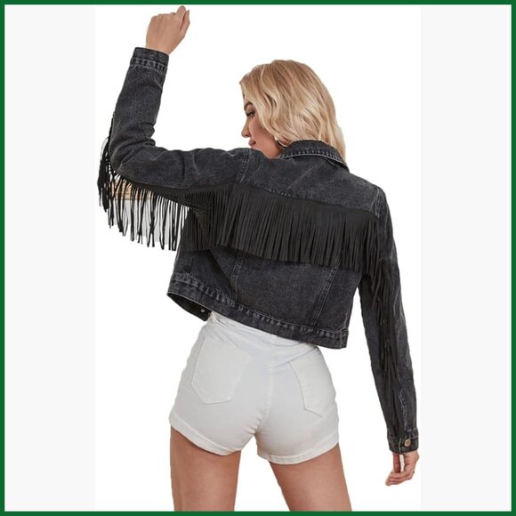 Cropped Denim Jacket Long Sleeve Distressed Fringe Jean Coat